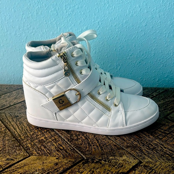 GBG Los Angeles Shoes - GBG Los Angeles White Quilted Sneakers with Gold Accents